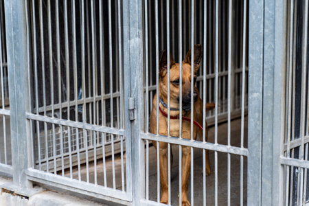 Dog behind bars in animal shelter, hoping for adoption. Homeless brown dog in kennel. Shelter life of brown dog. Abandoned dog in rescue shelter, brown fur, loyal heart. Adopt, rescue, loveの写真素材