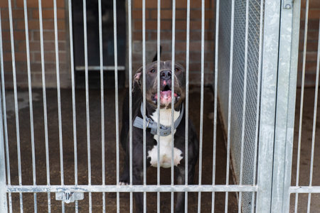 Abandoned dog behind bars, shelter life is tough. Shelter dog waits for home. Lonely dog waiting for adoption in a shelter kennel. Sad dog in an animal shelter cageの写真素材