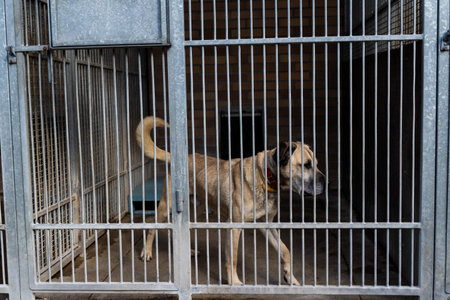 Dog behind bars in animal shelter, hoping for adoption. Homeless brown dog in kennel. Shelter life of brown dog. Abandoned dog in rescue shelter, brown fur, loyal heart. Adopt, rescue, loveの写真素材