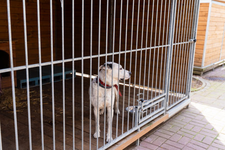 Homeless dog waiting for adoption in shelter cages. Shelter dog wait for adoption behind bars. Adopt rescue dogs. Shelter dog need love and careの写真素材