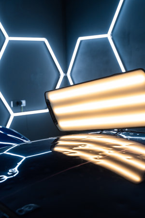 PDR lights reveal damage for accurate dent detection and assessment. Car panel shows multiple dents under PDR lighting, used in paintless dent repair to expose imperfectionsの写真素材