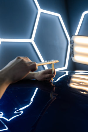 PDR Advanced technique in paintless dent removal restores finish. Precision tapping tool refines car surface during paintless dent repair under bright hexagonal LED lightsの写真素材