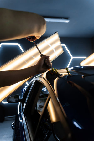 Specialized tools smooth out surface imperfections on car body. Paintless dent repair on a car roof using slide hammer. PDR Car dent removal using glue puller and reflection board for accuracyの写真素材