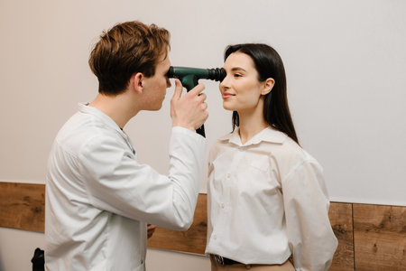Ophthalmoscopy. Ophthalmologist examines the eyes of woman with ophthalmoscope. Ophthalmology consultation with an optometrist in a medical clinicの写真素材