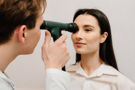 Ophthalmoscopy. Ophthalmologist examines the eyes of woman with ophthalmoscope. Ophthalmology consultation with an optometrist in a medical clinicの写真素材