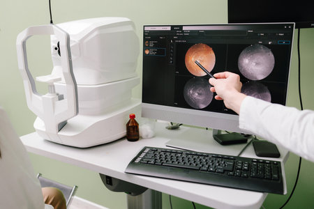 Retinal scan analysis for vision health, optic nerve evaluation, and early detection at ophthalmology. Ophthalmologist examines retina images on screen, diagnosing glaucoma and macular degenerationの写真素材
