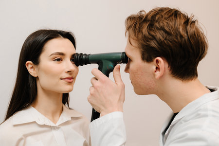 Ophthalmology consultation with an optometrist in a medical clinic. Ophthalmoscopy. Ophthalmologist examines the eyes of woman with ophthalmoscopeの写真素材
