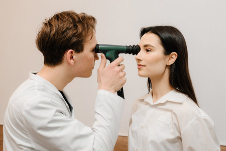 Ophthalmology consultation with an optometrist in a medical clinic. Ophthalmoscopy. Ophthalmologist examines the eyes of woman with ophthalmoscopeの写真素材