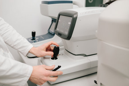 Autorefractor provides precise measurements for vision correction and eye health assessment. A close-up of an optometrist adjusting an autorefractor during an eye examの写真素材