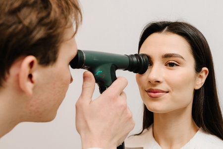 Ophthalmology consultation with an optometrist in a medical clinic. Ophthalmoscopy. Ophthalmologist examines the eyes of woman with ophthalmoscopeの写真素材