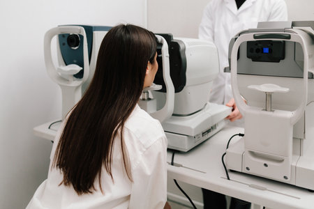 Eye exam with modern autorefractor and OCT machines. Autorefractor measures refractive errors, helping determine prescriptions for glasses or contact lenses with high accuracy and efficiencyの写真素材