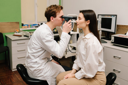 Ophthalmoscopy. Ophthalmologist examines the eyes of woman with ophthalmoscope. Ophthalmology...