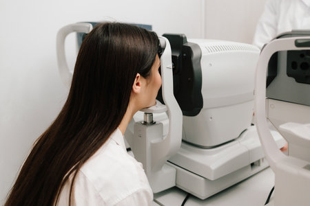 Eye exam with modern autorefractor and OCT machines. Autorefractor measures refractive errors, helping determine prescriptions for glasses or contact lenses with high accuracy and efficiencyの写真素材