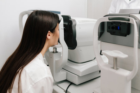 Autorefractor measures refractive errors, helping determine prescriptions for glasses or contact lenses with high accuracy and efficiency. Eye exam with modern autorefractor and OCT machinesの写真素材