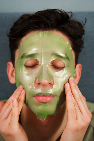Man takes on hydrating face mask for anti-aging care. Anti wrinkle procedure with green face mask at homeの写真素材