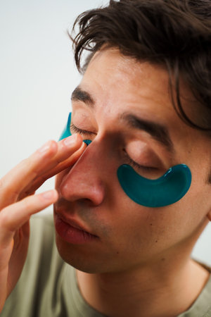 Male skincare routine at home. Young man with sensitive skin wears hydrogel patches under his eyesの写真素材