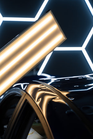 PDR lights reveal damage for accurate dent detection and assessment. Car panel shows multiple dents under PDR lighting, used in paintless dent repair to expose imperfectionsの写真素材