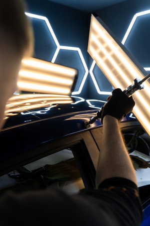 Expert uses advanced pulling tool to restore metal shape without repainting. Using pulling tool for PDR on a glossy car roof, adjusting pressure preciselyの写真素材