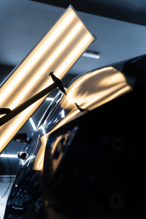 Technician uses PDR tools to remove dents from a car hood during paintless dent repair. Paintless dent repair PDR involves tapping dents under light reflection for precisionの写真素材
