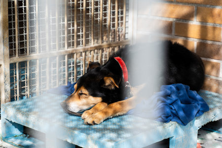 Sleeping shelter dog on a blanket in a cage, waiting quietly for a forever home. Calm rescue dog is resting in a kennel. Shelter life: tired stray dog sleeping on a cold platform in a kennelの写真素材