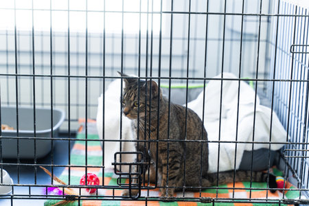 Cat housed in an animal shelter crate. Calm tabby cat resting inside pet adoption center cage. Cat in comfortable sleeping bed, inside shelter cageの写真素材