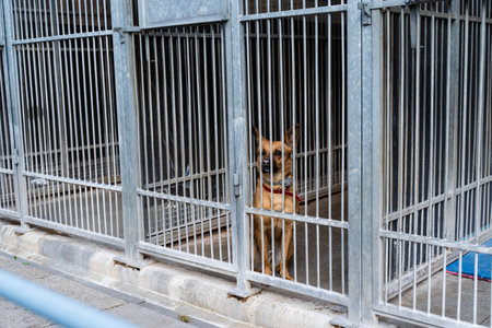 Dog behind bars in animal shelter, hoping for adoption. Homeless brown dog in kennel. Shelter life of brown dog. Abandoned dog in rescue shelter, brown fur, loyal heart. Adopt, rescue, loveの写真素材