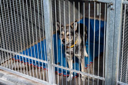 Shelter dog wait for adoption behind bars. Adopt rescue dogs. Shelter dog need love and care....