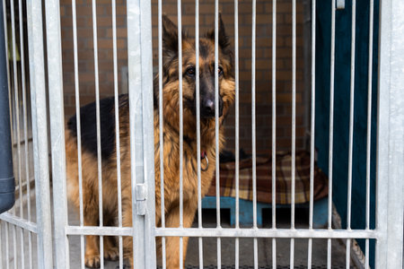 Shelter life of brown dog. Abandoned dog in rescue shelter, brown fur, loyal heart. Adopt, rescue, love. Dog behind bars in animal shelter, hoping for adoption. Homeless brown dog in kennelの写真素材