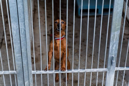 Adopt rescue dogs. Shelter dog need love and care. Homeless dog waiting for adoption in shelter cages. Shelter dogs wait for adoption behind barsの写真素材