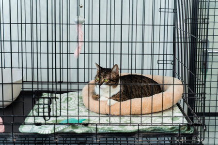 Calm tabby cat resting inside pet adoption center cage. Cat in comfortable sleeping bed, inside shelter cage. Cat housed in an animal shelter crate.の写真素材