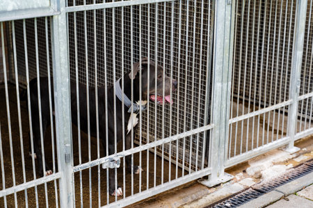 Lonely dog waiting for adoption in a shelter kennel. Sad dog in an animal shelter cage. Abandoned dog behind bars, shelter life is tough. Shelter dog waits for homeの写真素材