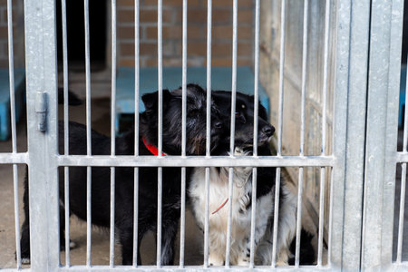 Two shelter dogs wait for adoption behind bars, bonded pair seeks forever family. Adopt rescue dogs. Shelter dogs need love and care. Homeless dogs waiting for adoption in shelter cagesの写真素材