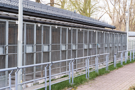 Exterior view of animal shelter kennels showing multiple metal cages. Dog rescue facility with numbered outdoor kennels and fencing. Animal shelter with caged kennels for stray and rescue dogsの写真素材