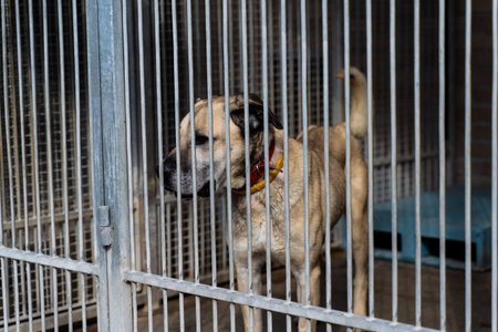 Shelter life of brown dog. Abandoned dog in rescue shelter, brown fur, loyal heart. Adopt, rescue, love. Dog behind bars in animal shelter, hoping for adoption. Homeless brown dog in kennelの写真素材
