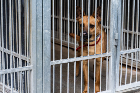 Shelter life of brown dog. Abandoned dog in rescue shelter, brown fur, loyal heart. Adopt, rescue,...