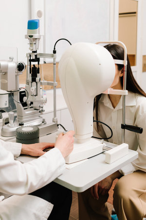 Corneal topography eye test with red light for eye health, correction, and treatment. Doctor examines cornea using advanced imaging to detect vision issues like astigmatism or keratoconusの写真素材
