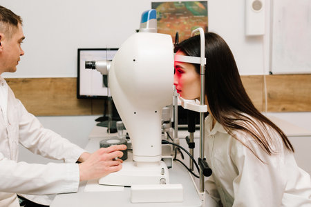 Corneal topography eye vision test for visual description of the shape and power of the cornea. Red...