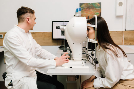 Corneal topography eye vision test for visual description of the shape and power of the cornea. Light of the corneal topographer shines on the woman at topography examinationの写真素材