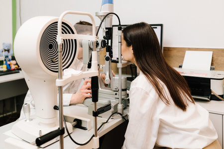 Ophthalmology procedure with slit lamp for eyes and cornea checkup. Girl is visiting ophthalmologist for eye examinationの写真素材
