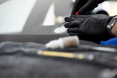 Precision windshield crack repair in progress with specialized tools. Professional windshield chip repair close-up during resin injection for damaged auto glass clarityの写真素材