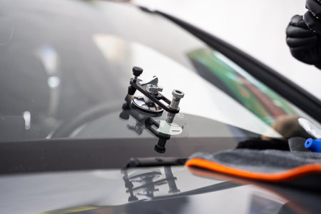 Bridge tool for injecting resin in damaged windshield. Accurate application improves durability and appearance. Mounted windshield repair bridge holds resin applicators securely over the crackの写真素材