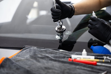 Resin repair on windshield using injector application to restore structural clarity. Windshield crack repair using resin injection. Technician using windshield injector tool to fix bullseye crackの写真素材