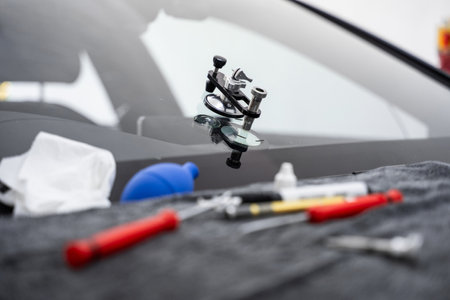 Bridge tool for injecting resin in damaged windshield. Accurate application improves durability and appearance. Mounted windshield repair bridge holds resin applicators securely over the crackの写真素材