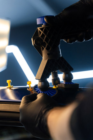 Glue dent puller in action fixes rear fender dent, preserving the paintwork. Precision glue tabs lift car body dent smoothly. The glue pulling method repairs a curved rear panel, preserving OEM paint.の写真素材