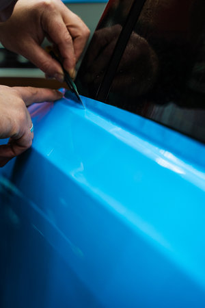 PPF Trimming with Precision Knife. Knife trimming in vinyl wrap detailing is crucial for perfection. Sharp blade is used to finalize the detailing process, cutting PPF wrap with exact precisionの写真素材