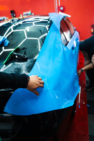 Detailers expertly apply wrap to fit contours and ensures smooth, flawless wrap alignment. Applying PPF wrap on car during full detailing. Bold blue vinyl wrap installing in detailing centerの写真素材