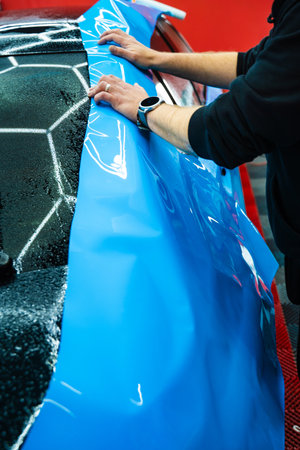 Applying PPF wrap on car during full detailing. Bold blue vinyl wrap installing in detailing center. Detailers expertly apply wrap to fit contours and ensures smooth, flawless wrap alignmentの写真素材
