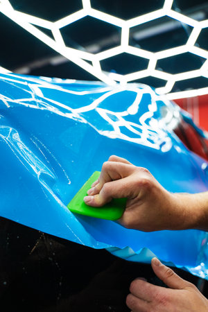 Applying a high-gloss blue PPF using a green squeegee ensures a bubble-free, smooth surface of car. Blue PPF applied with green squeegee during detailing car to preserve finish and block damageの写真素材