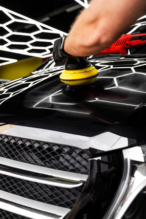 Paint polishing in active motion. Detailing car for sealant or ceramic application. Paint polishing...