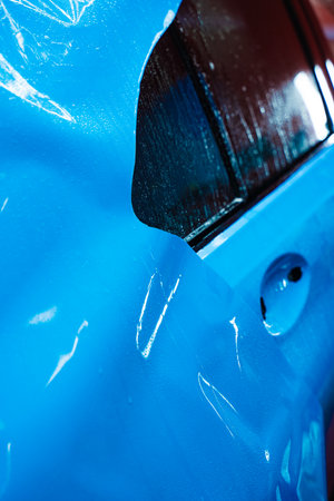 Bold blue vinyl wrap installing in detailing center. Detailers expertly apply wrap to fit contours and ensures smooth, flawless wrap alignment. Applying PPF wrap on car during full detailingの写真素材